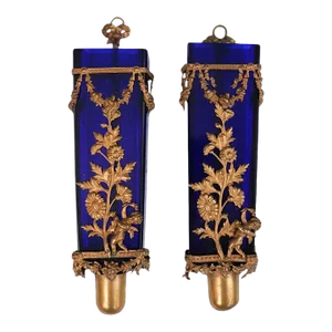 Pair Antique French Cobalt Glass Gilt Bronze Cherub Putti Wall Sconces