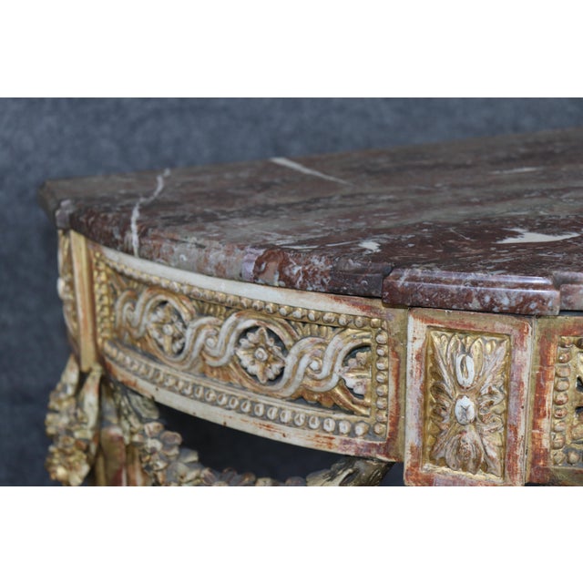 19th Century French Louis XVI Style Distressed Demilune Marble Top Console Table For Sale - Image 12 of 15
