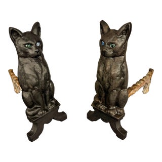 1930s Black Cat Iron Andirons With Glass Marble Eyes For Sale