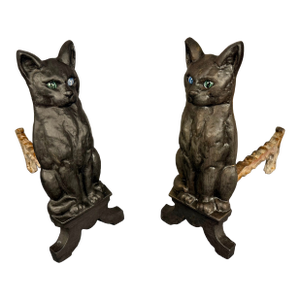 1930s Black Cat Iron Andirons With Glass Marble Eyes