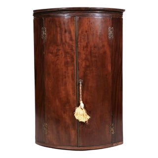 Early 19th Century English Mahogany Bowfront Corner Cupboard With Original Green-Painted Interior For Sale