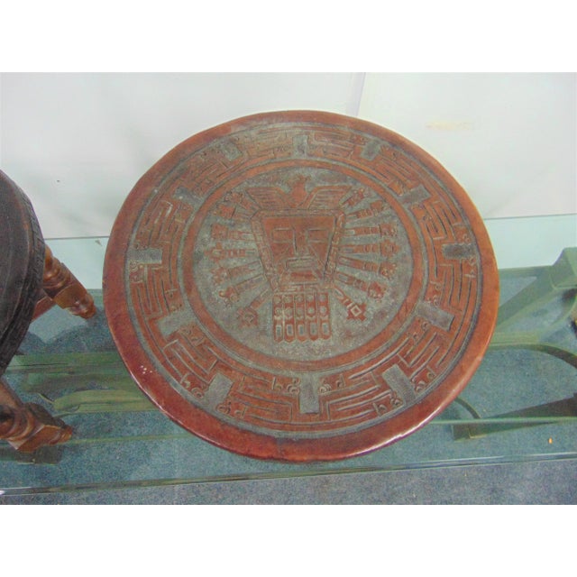 Mid-Century Modern Mid Century Aztec Style Leather Embossed Footstools - a Pair For Sale - Image 3 of 6