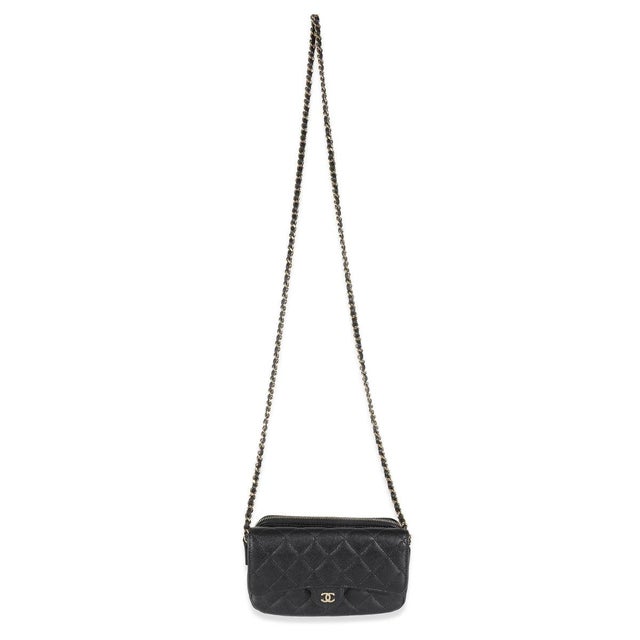 Black Black Quilted Caviar Flap Phone Handbag With Chain For Sale - Image 8 of 9