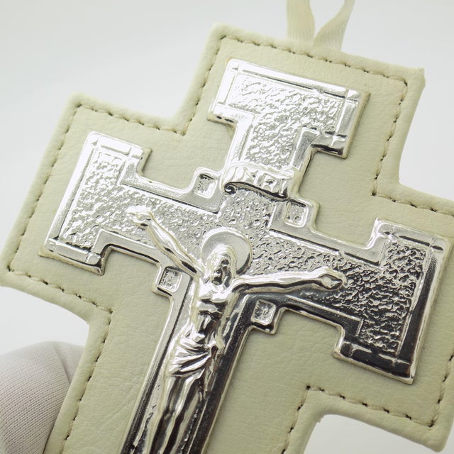 Vintage Italian Handmade Sterling Silver 925 Plated & Faux Leather Holy Cross Wall Decoration For Sale - Image 4 of 9