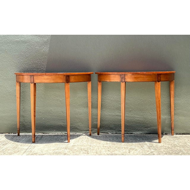 Chocolate Vintage Regency Sunburst Burl Wood Demilune Tables - A Pair For Sale - Image 8 of 12