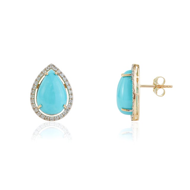 Metal 8.88ct Sleeping Beauty Turquoise Solitaire Halo Diamond 14k Gold Earrings- A Pair For Sale - Image 7 of 15