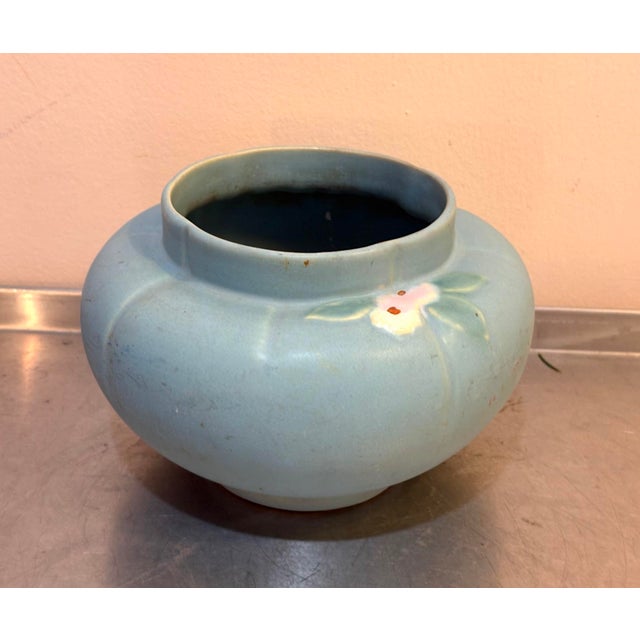 Traditional Weller Pottery Blue/White Flower Planter For Sale - Image 3 of 5
