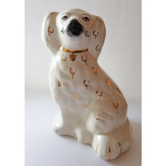 Staffordshire Style Spaniels - Vintage White Glazed Ceramic With Gold Accents - A Pair For Sale In Providence - Image 6 of 7