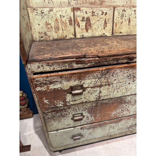 Late 19th Century Antique Painted Pine Slant-Front Desk With Original Graffiti Patina For Sale - Image 5 of 12