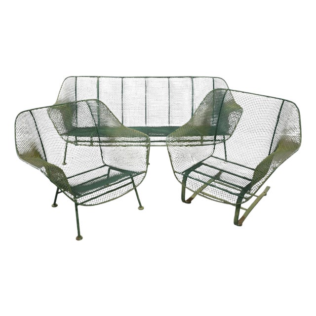 1960s Woodard Sculptura 3 Pieces Wire Set in Wonderful Green Faded Paint For Sale