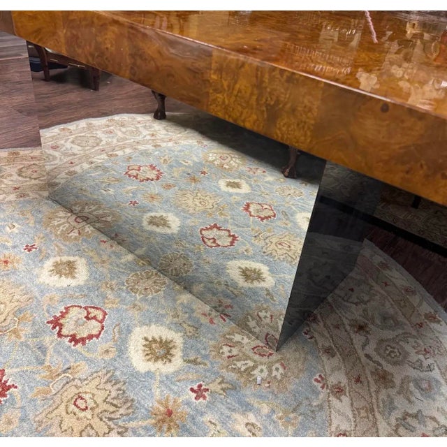 Wood Milo Baughman Olive Burl Extension Dining Table on Chrome Plinth Base, 2 Leaves, 1976 For Sale - Image 7 of 11