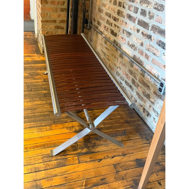 One‑of‑a‑Kind Mahogany Slatted Bench – Custom Brushed Steel Frame Modern Industrial Design For Sale - Image 4 of 12