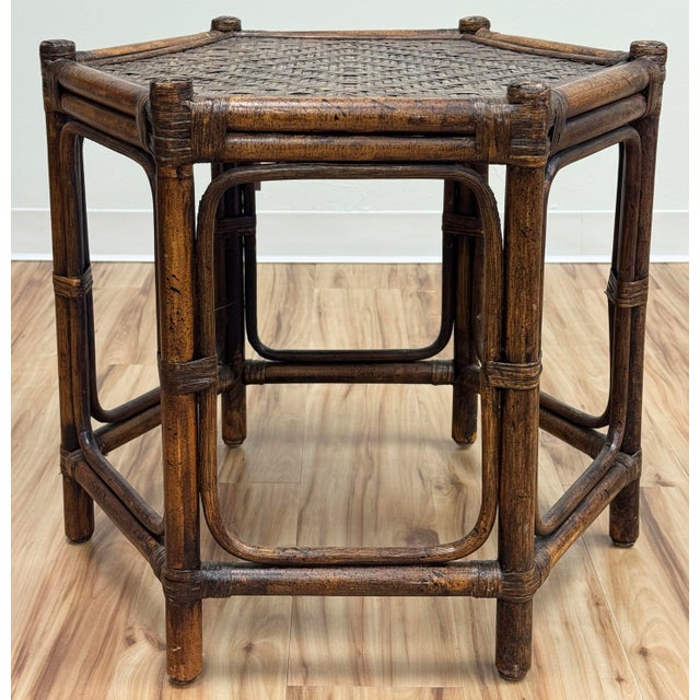Gorgeous hexagonal burnt tortoise shell finish rattan side table with basketweave top. Rich detail to finish and design....