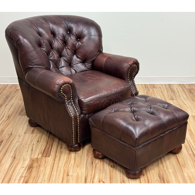 English Vintage Oversized Tufted Leather Writers Chair With Ottoman For Sale - Image 3 of 18