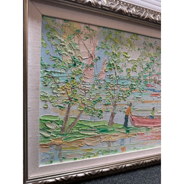 Design Plus Gallery presents an Original Palette Knife Painting of Boaters by Kenneth Kaye (1951–2023). Kaye was an...