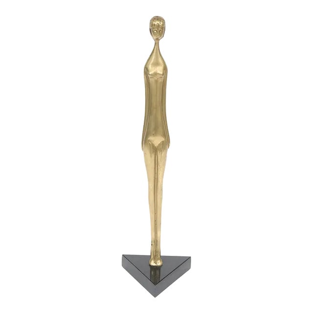 Vintage Brass and Black Granite Tall Female Elongated Sculpture, 1970's For Sale