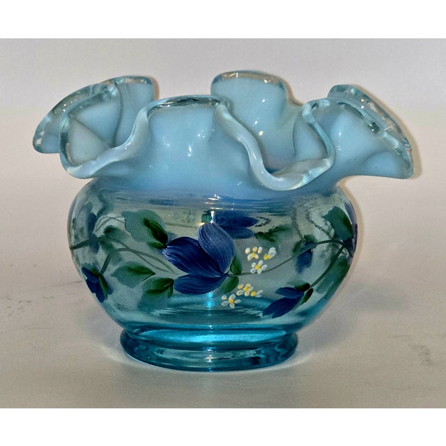 Mid 20th Century Fenton Hand-Painted “Forget-Me-Not Tulip” Vase by D. Fredrick – Opalescent Ruffled Rim For Sale - Image 5 of 12