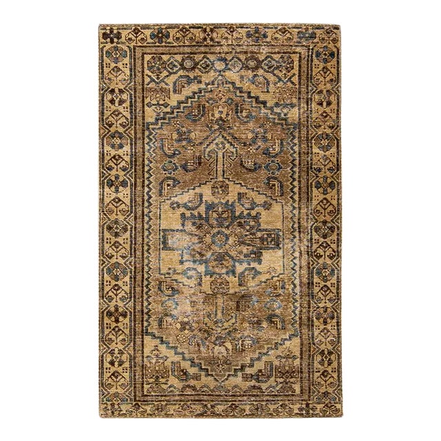 1960s Vintage Persian Distressed Handmade Geometric Brown Wool Rug For Sale