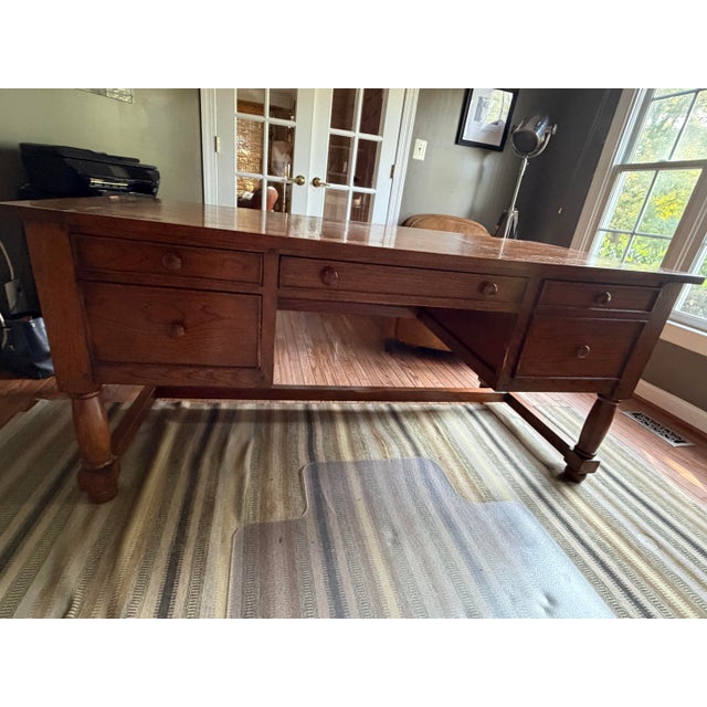 Antique Oak Partners-Style Library Desk, Turned Leg Base For Sale - Image 4 of 5