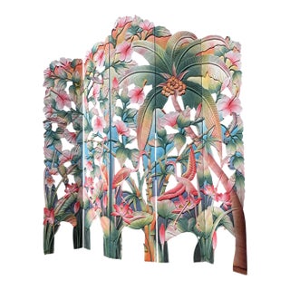 Original 1950s MCM Hand Painted Flamingo Tropical 5 Panel Carved Wood Room Divider For Sale