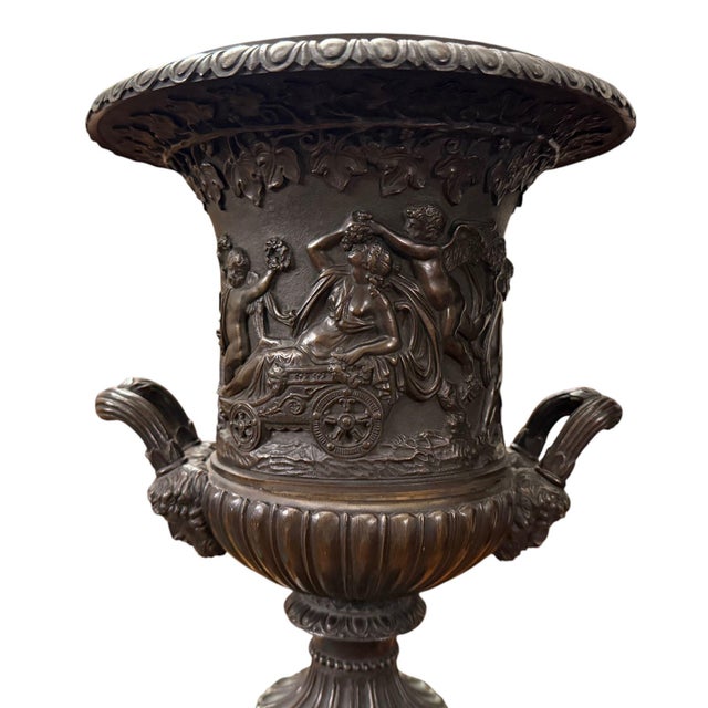 Metal Pair of 19th Century French Bronze Urns on Marble Pedestals. For Sale - Image 7 of 10