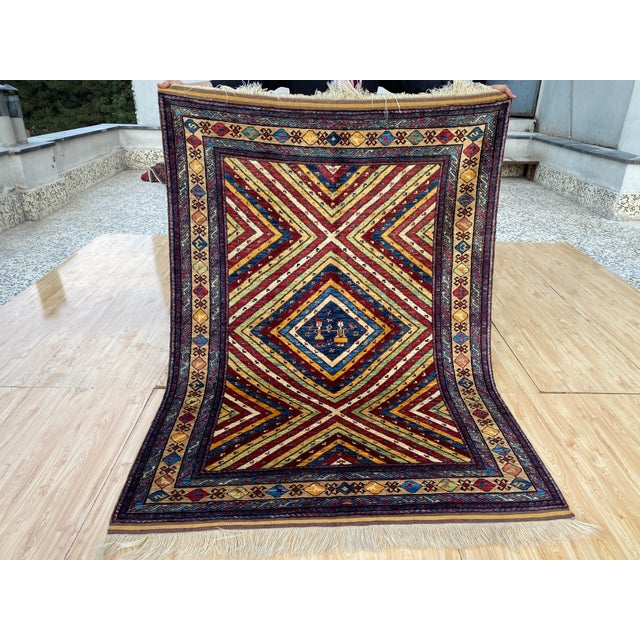 Vintage Kazak Wool Rug, Sunburst Medallion For Sale - Image 9 of 11