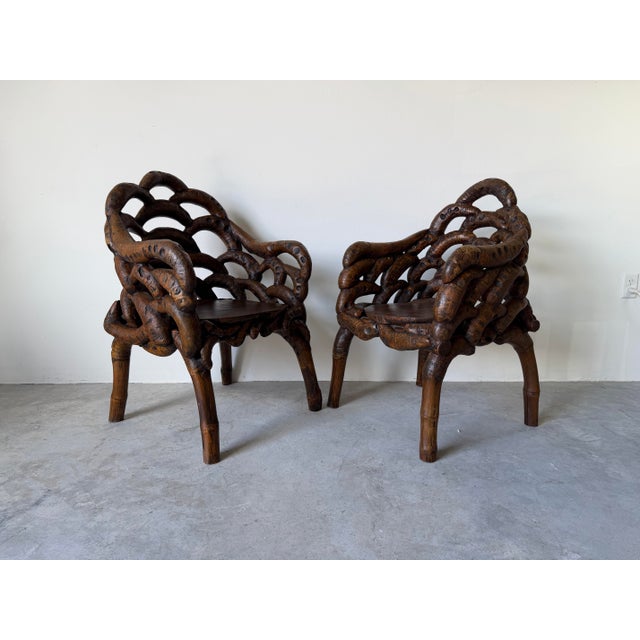 Vintage Chinese Organic Root Bamboo Rustic Club Armchairs – A Pair For Sale - Image 4 of 12
