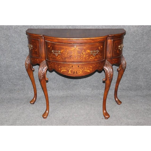 1980s Pair of John Richard "European Crossroads" Inlaid Console Tables – Edwardian Style Marquetry Demi-Lune Entryway Tables For Sale - Image 4 of 9