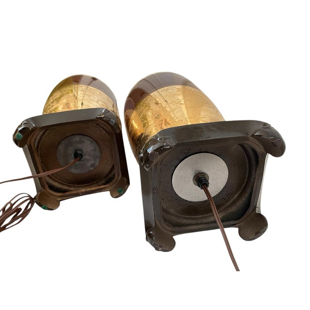 Chocolate VTG Pair Ceramic Chocolate, Brown Gold Embossed Vase Lamps 32” For Sale - Image 8 of 10