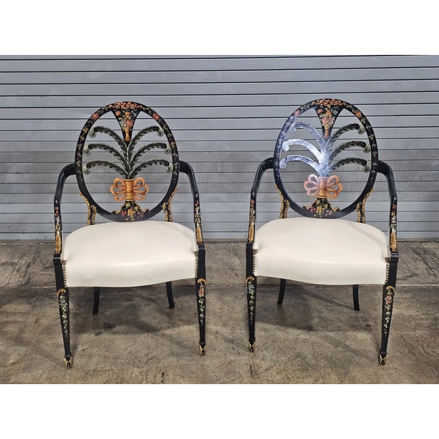Store Item: Pair of KARGES Hepplewhite Plum Arm Chairs Ebonized, Carved Hand Painted Leather Fabric Description: Inspired...