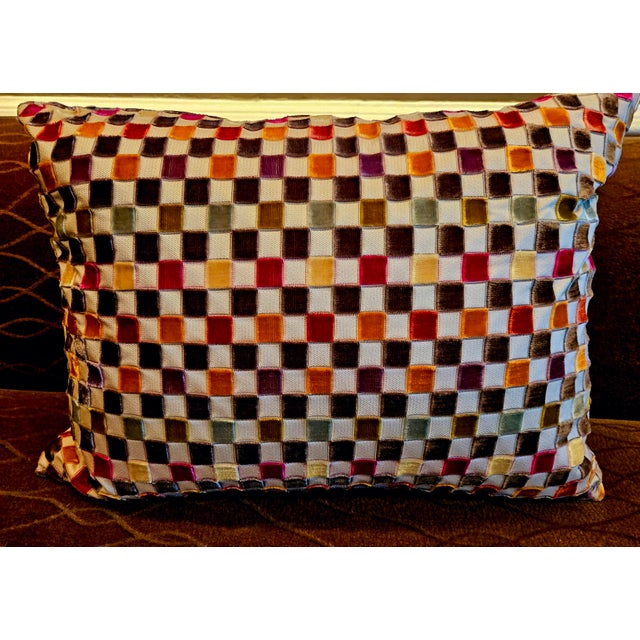 rectangluar lee jofa fabric, checkerboard cut velvet throwpillow, knife edge/no welt, down+feather filling, hidden zipper,...