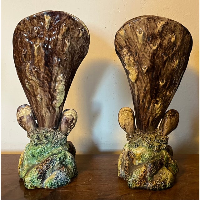 Green Antique 19th Century French Majolica Palissy Ware Sea Shell Form Vases - a Pair For Sale - Image 8 of 12