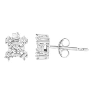 .925 Sterling Silver 1/4 Cttw Miracle Plate Set Round and Princess-Cut Diamond "X" Shaped Stud Earrings, A Pair For Sale