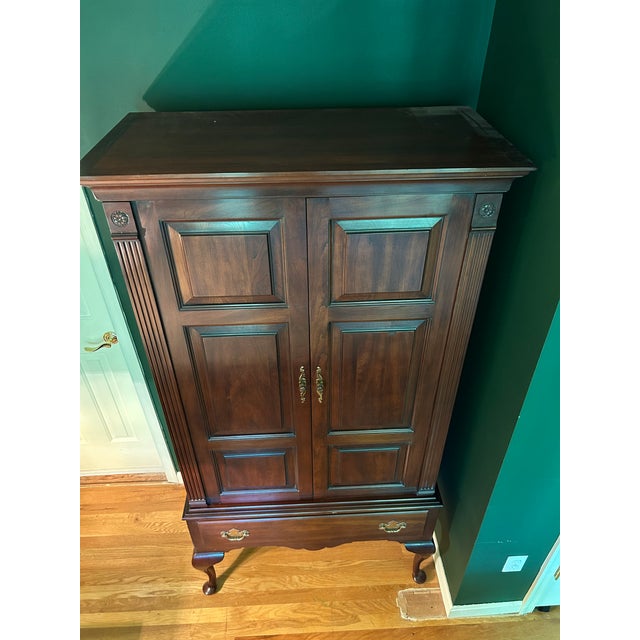 Burnt Umber Statton TruType Americana Mid-Century Solid Cherry Queen Anne Style Highboy Armoire For Sale - Image 8 of 11
