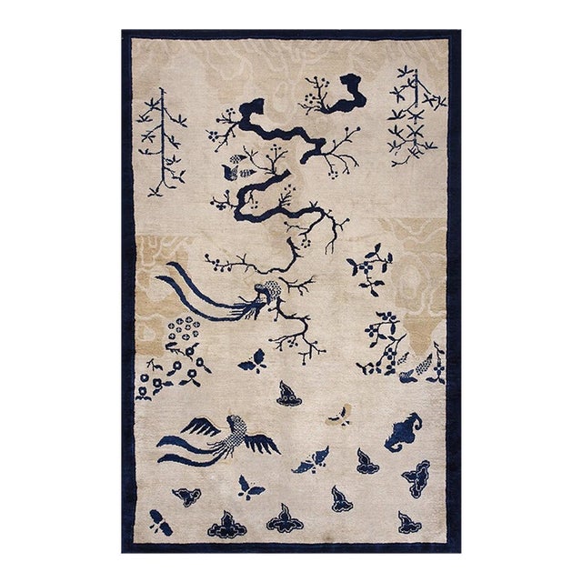 1920s Ivory Scenic Bird of Paradise Antique Chinese Bat Cloud Band Peking Rug For Sale