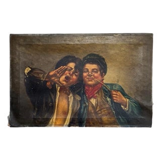 Italian School, Naïve Italian of Two Pipe-Smoking Boys, 20th Century, Oil on Canvas For Sale