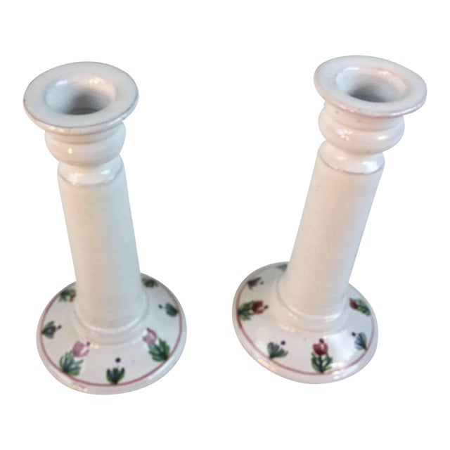 1970s Vintage Portuguese Hand Painted Pottery Candle Holders- A Pair For Sale