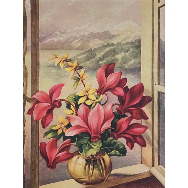 Offset lithograph of a painting of a bowl of red cyclamen in a window with a mountain view. The name of the artist appears...
