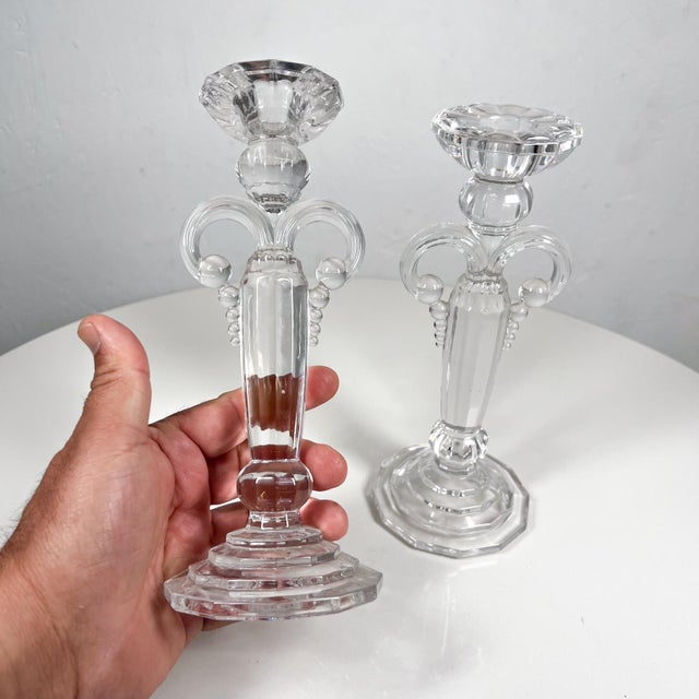 Art Deco Pair Crystal Candle Holders Scalloped Fleur De Lis Austria For Sale - Image 10 of 12