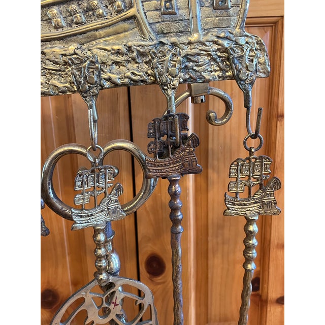 Metal Antique Don Fernando Frigate Twisted Brass Nautical Coal Fireplace Tool Set For Sale - Image 7 of 12