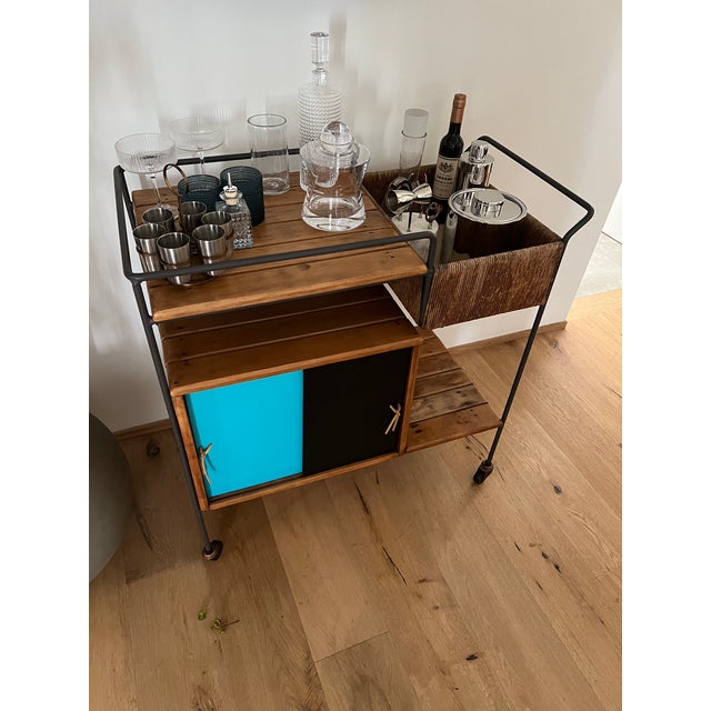 1950s Arthur Umanoff Bar Cart (Black / Teal Doors), Attributed For Sale - Image 4 of 15