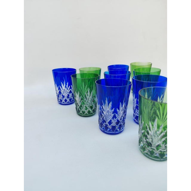 Ten Saint Louis Crystal Tumblers. 1930s. Set of five green and five blue tumblers, all in very good condition. Features...