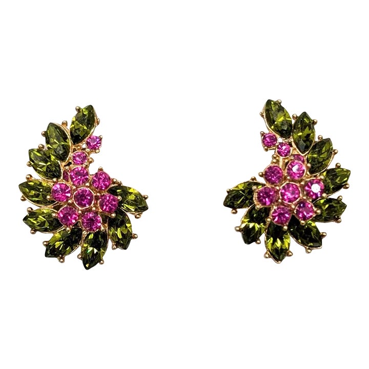 Vintage Signed Crown Trifari Faux-peridot & Ruby Clip Earrings, 1961- 2 Pieces
