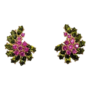 Vintage Signed Crown Trifari Faux-Peridot & Ruby Clip Earrings, 1961- 2 Pieces