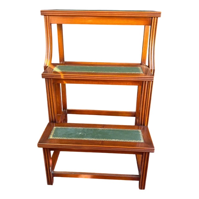 Wood Library Stepladder with Leather-Covered Steps For Sale
