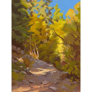 West Fall by Judd Mercer | Gouache Landscape of a wooded path with autumn colors For Sale