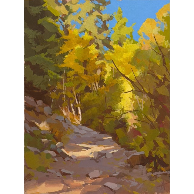 West Fall by Judd Mercer | Gouache Landscape of a wooded path with autumn colors For Sale