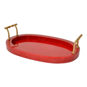 1970s Art Deco Style Oval Vanity Desk Bar Serving Tray Red Vinyl Wood Brass Handles