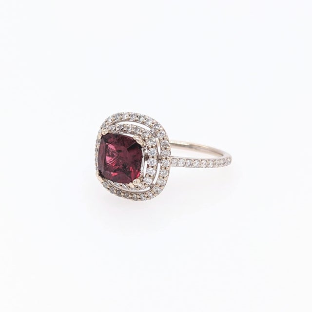 2020s 1.8Ct Rhodolite Ring With Earth Mined Diamonds: Solid 14k Gold, Cushion Cut 6mm, Size 6.75 For Sale - Image 5 of 8