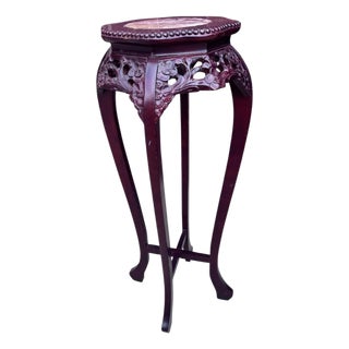 Antique Chinese Carved Rosewood & Rouge Marble Sculpture Stand Table For Sale
